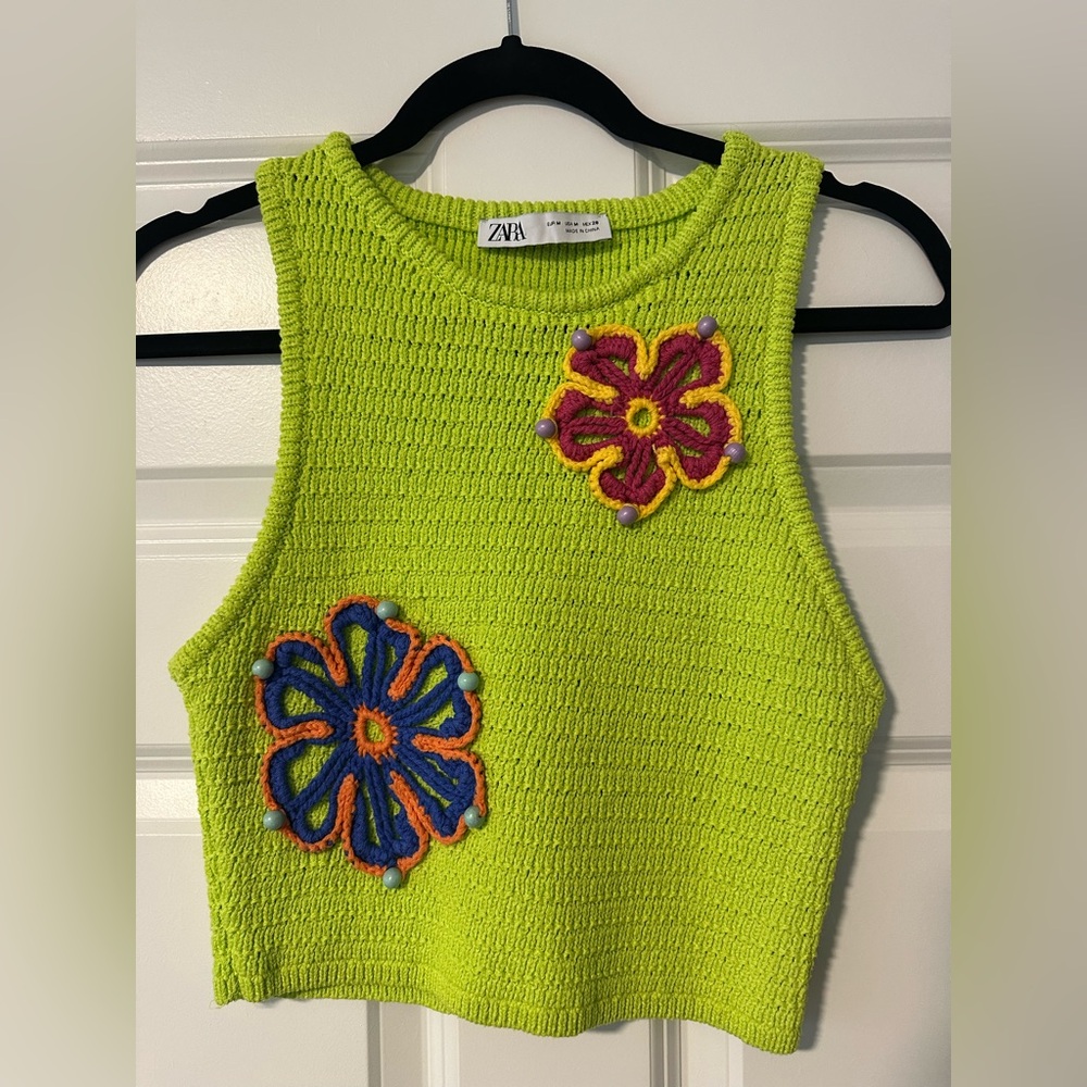 Zara Bright Green Knit Crop Top with Colorful Floral Design
